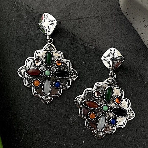 Vintage Multicolor Handmade Earrings, Silver Gemstone - Picture 6 of 7
